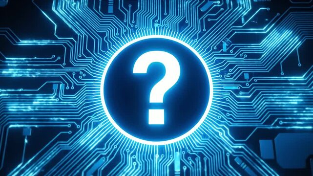 Glowing question mark symbol on a blue digital circuit board pattern, representing technological inquiry and unknown data