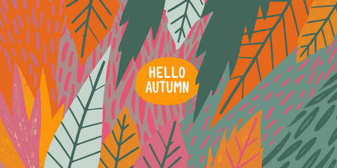 Stylized autumn leaves and a greeting with the words hello autumn © Prosanta