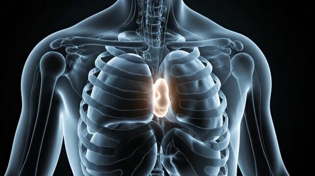 Digital illustration of human thymus anatomy in a transparent chest cavity