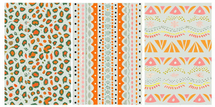 Four colorful patterned fabric swatches arranged in a vertical line