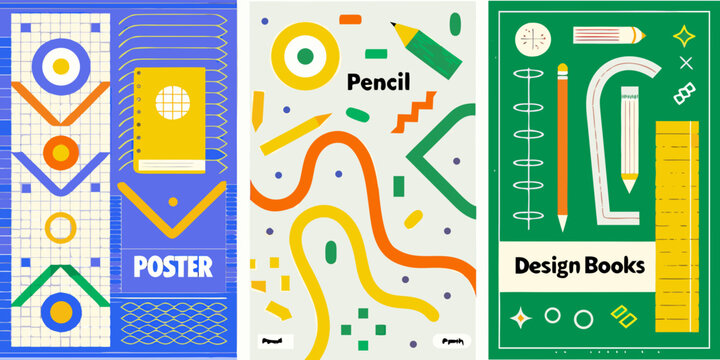 Colorful triptych poster featuring school supplies and abstract shapes