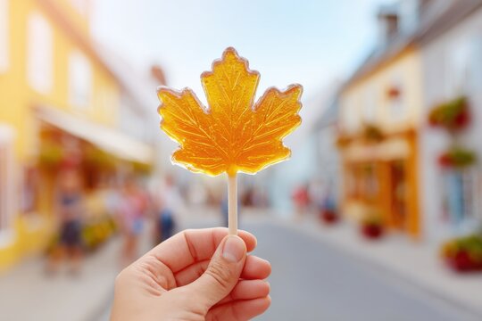 Hand holding a maple leaf-shaped lollipop against a blurred street scene with colorful buildings and people in a vibrant outdoor setting