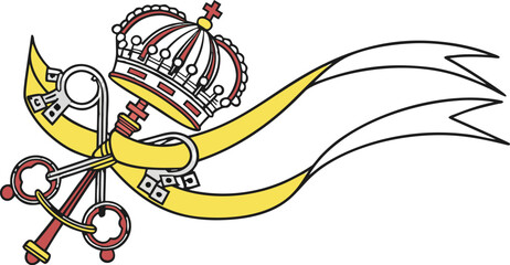 Vatican coat of arms with papal tiara and keys on yellow ribbon © Vector Art