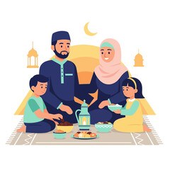 Cute flat vector illustration of a Muslim family enjoying a Ramadan meal together