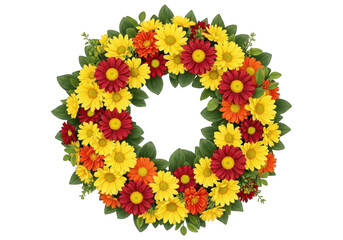 Obraz premium Vibrant autumn flower wreath with yellow red orange daisies green leaves heart shape