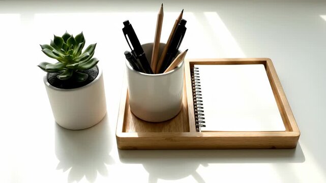 Clean modern workspace with a wooden desk organizer holding a notepad and pencils. Home office setup with a succulent plant for a calm and productive work environment