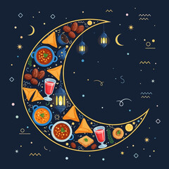 Naklejka premium Cute flat vector illustration of a crescent moon filled with traditional delights for Ramadan and Eid celebrations, surrounded by festive stars and lanterns for a blessed night