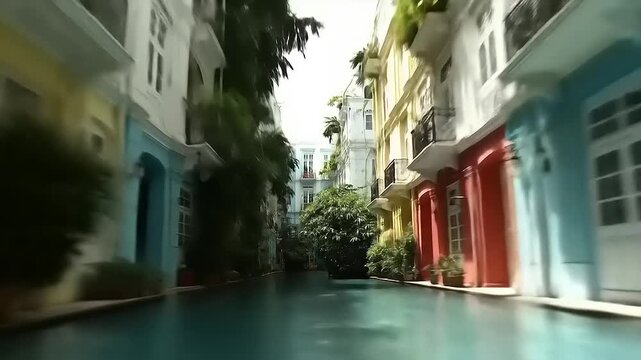 Colorful architectural aquatic design highlighting building architecture and reflection pool calm atmosphere visual concept showcasing unique urban elements