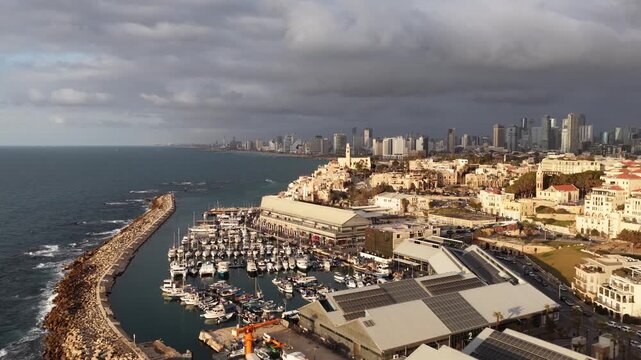  Aerial view of Old Jaffa at sunset with Mediterranean coastline