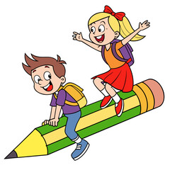 Two children riding on a giant pencil Vector