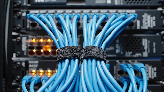 Blue network cables organized in server rack with active lights