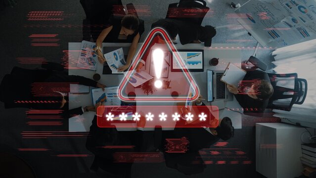 A dynamic business team in a meeting, addressing issues of cybersecurity with a cautionary alert sign and data analysis materials in a modern office setting. Raster