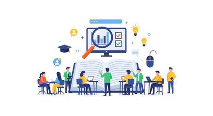Obraz premium Knowledge & Digital Research Concept. Students Learning, Analyzing Data, and Collaborating in E-learning Environment with Open Book and Monitor.