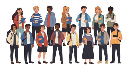 Obraz premium Large Diverse Group of Students Standing Together. High School or Middle School Young People with Backpacks and Books. Isolated Vector Illustration.
