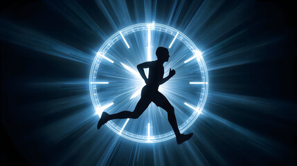 Obraz premium Silhouette of Running Man in Front of Glowing Blue Clock Dial isolated on Transparent Background