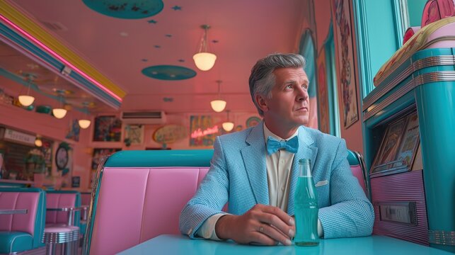 Man smiling while holding blue soda bottle next to turquoise jukebox in vibrant atomic age retro diner cafe with pink neon and space accents