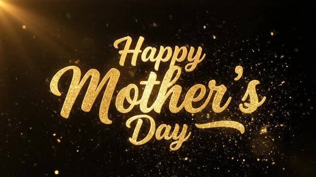 Golden glitter Happy Mother's Day text with light flare on black