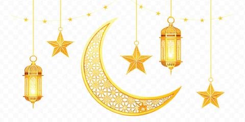 abstract 3d crescent moon, lantern and star hanging in 3d bright gold color. decorative elements for muslim holidays isolated on transparent background  © MDShafaat