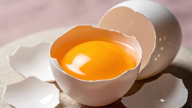 Close up of a fresh raw chicken egg yolk in a broken white shell. Natural organic ingredient for cooking breakfast or baking. Wide panoramic banner for a healthy food blog