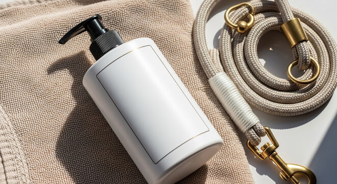 A stylish white pump bottle for pet shampoo or conditioner rests on a soft beige towel, alongside a neatly coiled beige dog leash with elegant brass hardware, suggesting a thoughtful and refined appro