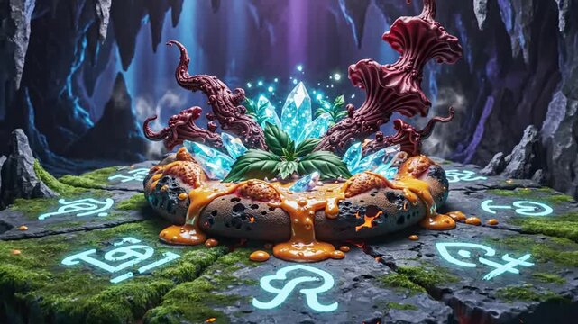 Magical crystal formation with lava and strange plants in a cave