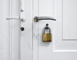 Close-up of a white door with two handles and a padlock securing it. Detail shows handle and lock mechanisms