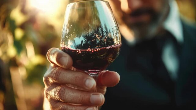 Glass of red wine in vineyard at sunset, hand of winemaker holding stemmed glass near ripe grape cluster, warm golden light backlighting deep ruby wine,
