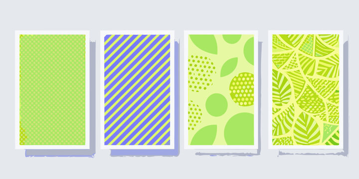 Four rectangular panels showcasing distinct green and blue patterns