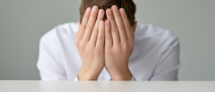 Man covering face with hands feeling stressed and overwhelmed in white shirt sitting at table with gray background