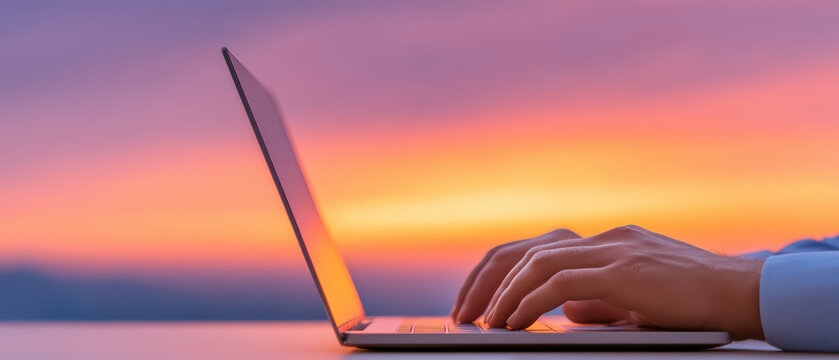 Person hand typing on laptop computer with colorful sunset sky background, minimal styles close up editorial shot of hands opening lap dd a
