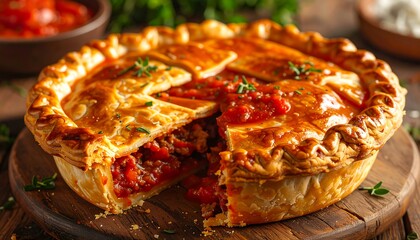 Close-up of a golden-brown, baked savory pie. Its flaky crust is filled with a rich, tomato-based meat filling