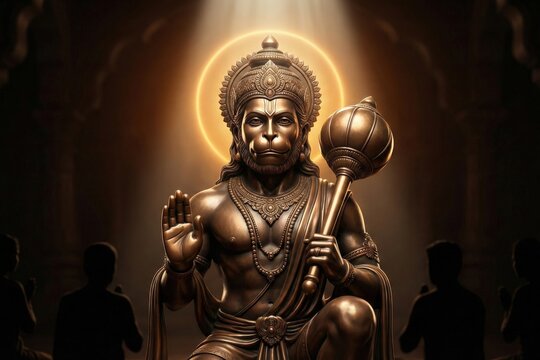 Hanuman Idol 3D Semi-Realistic | Bronze Murti | Temple Spotlight | Golden Halo & Blessing Hand | Cinematic Premium Devotional Art