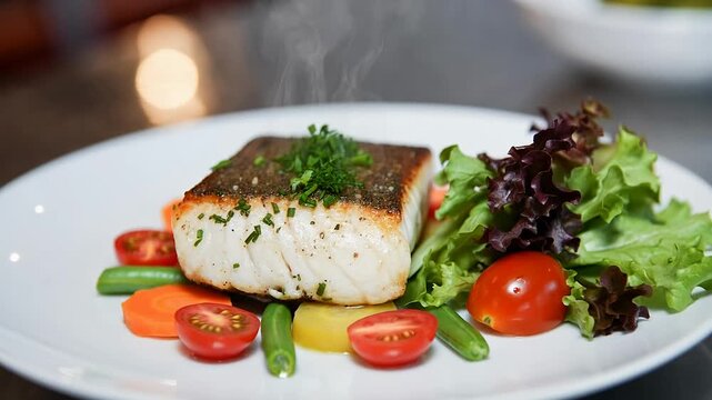 Exquisite PanSeared Halibut Fillet Served with Fresh Salad and Vegetables