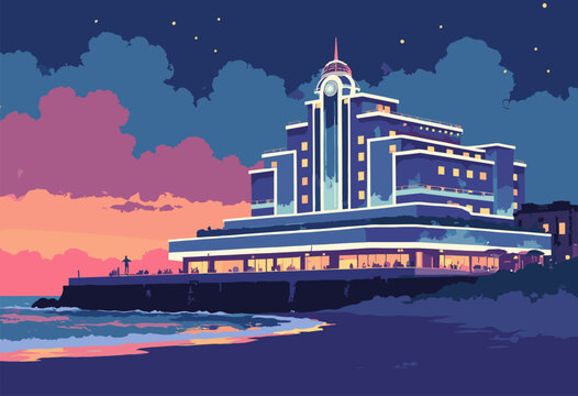 Art Deco Midland Hotel Morecambe Curved white lines neon lights glowing against seaside dusk