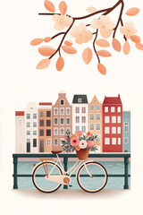 Fototapeta premium Charming bicycle with a flower basket parked on a bridge in front of colorful canal houses, stylized digital illustration of a scenic European city street by the water
