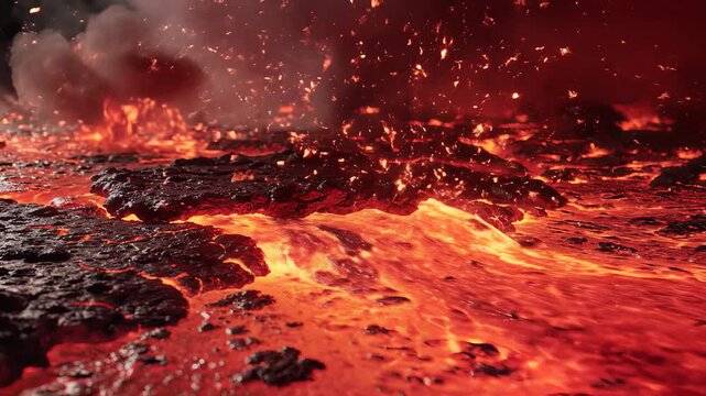 Molten lava flowing through volcanic terrain with sparks and smoke.