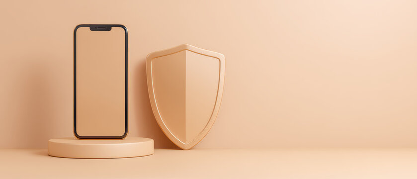 Smartphone security concept with mobile phone and shield icon on beige background, minimal style close up editorial photograph of sm d ca a
