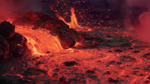 Molten lava flows through a volcanic landscape with erupting volcanoes and rugged terrain in a fiery environment