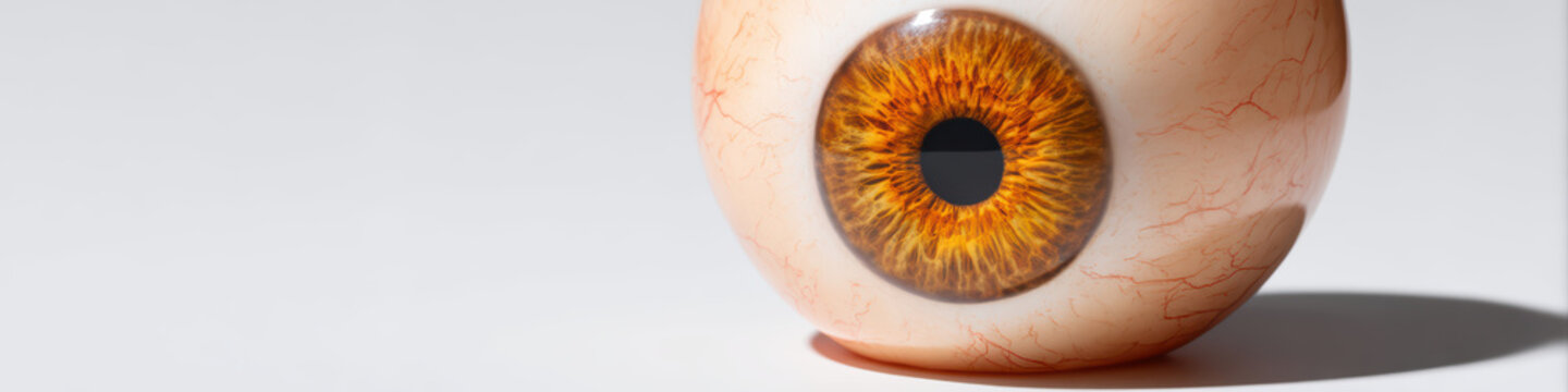 Close up of realistic human eye model with detailed iris and blood vessels casting shadow on white surface, showing intricate textures and colors vividly