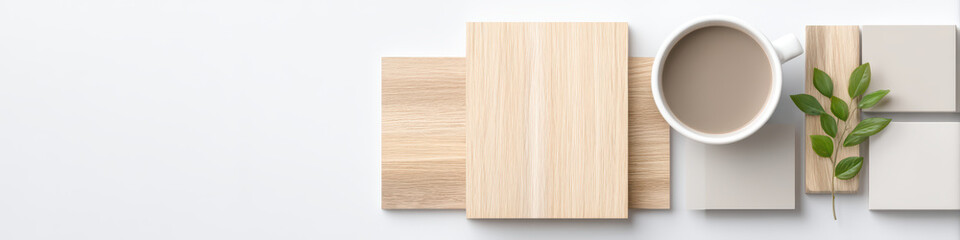 Minimalist flat lay with wooden board, coffee cup, green leaves, and neutral color swatches, creating calm and natural business scene with soft lighting and clean design