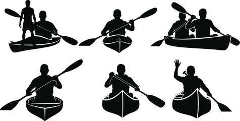 Kayaking and canoeing silhouette collection set, paddlers rowing boat on river flat vector illustration isolated on white background © Mostafizar