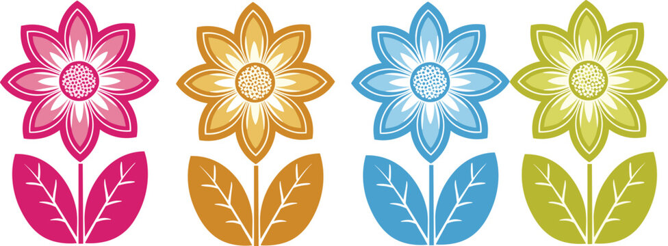 Colorful floral silhouette vector set featuring decorative flowers with leaves isolated on white background for spring design branding and botanical graphics