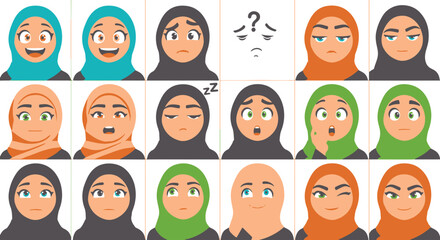 Fototapeta premium Muslim Woman Cartoon Character Showing Diverse Facial Expressions and Emotions in a Flat Design Style