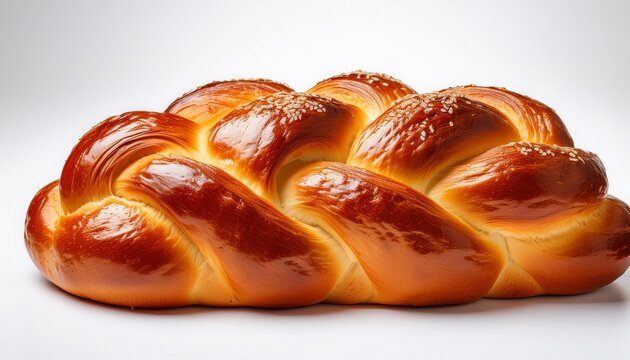delicious braided challah bread with a golden brown crust and soft texture isolated on white background