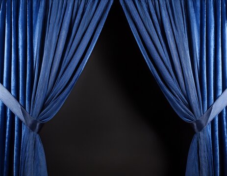 elegant dark blue velvet curtains pulled back on a black background