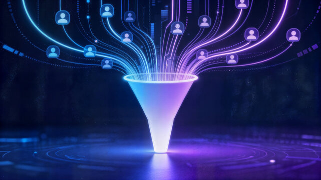 Glowing funnel with user icons and data flow in a dark background representing marketing and technology concepts
