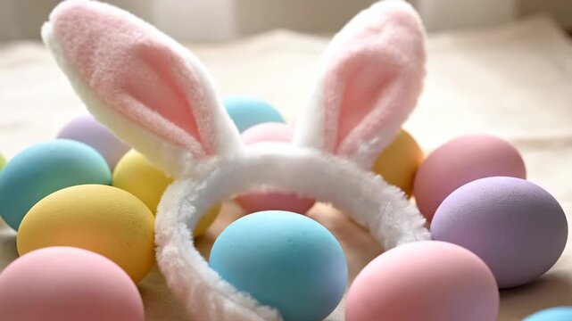 Festive easter still life with a cute fluffy bunny ears headband surrounded by colorful pastel eggs. Traditional spring celebration concept for holiday greeting cards or decorations
