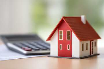 Miniature house model with red roof and white walls placed on table near calculator, symbolizing mortgage, home loan, and financial planning concepts