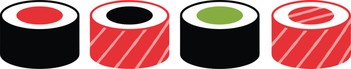 Colorful sushi roll set illustration featuring nigiri and maki styles on white background, flat design Japanese food icons for restaurant menu branding © Abdullah