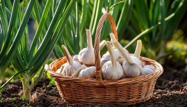 fresh garlic in a basket beside growing green onions in a garden during sunny daytime hours